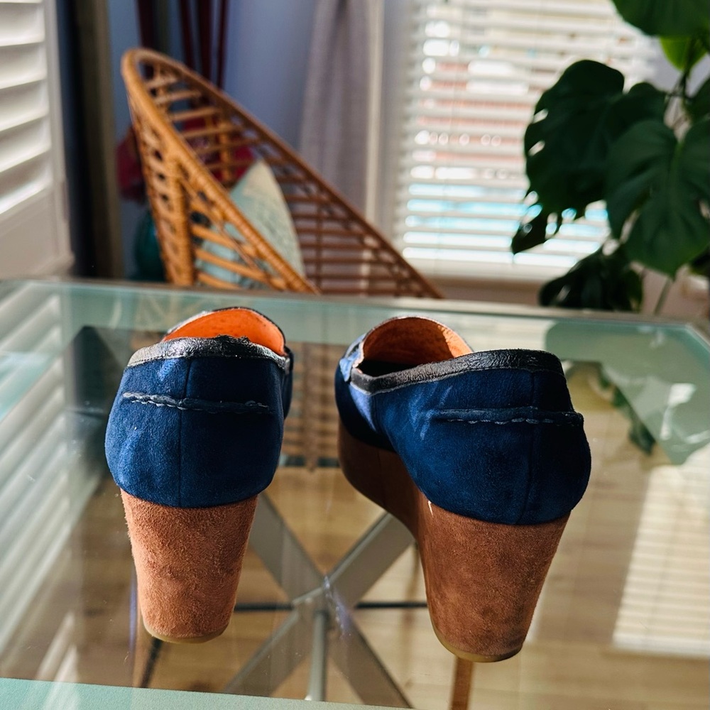 Anthropologie Navy Blue & Brown Suede Leather Penny Loafers - Picture 3 of 10